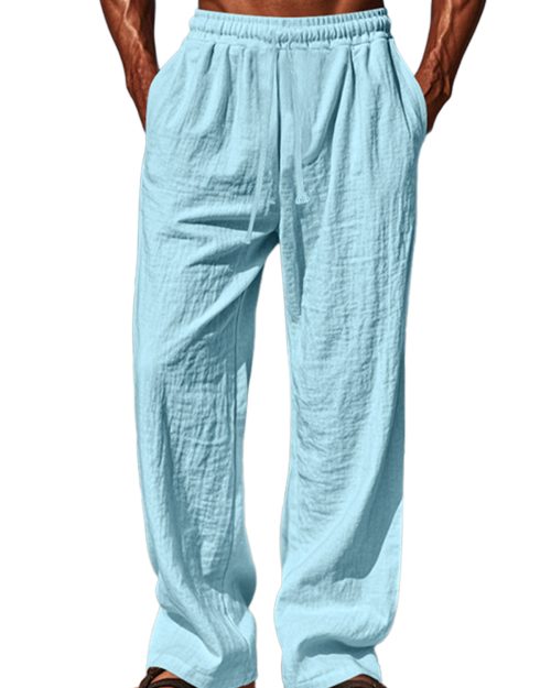 Men's pure cotton elastic waist solid color comfortable lace-up trousers