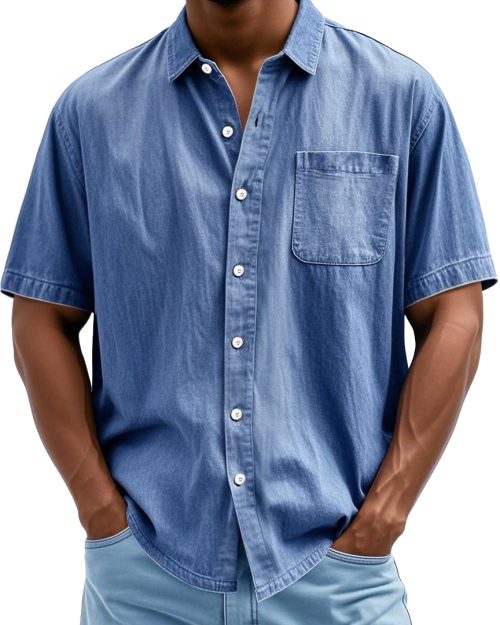 Men's Fashion Casual Lapel Pocket Solid Color Short Shirt