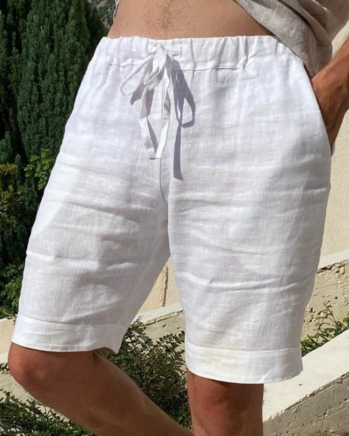 Men's 100% Cotton and Linen Vacation Casual Drawstring Elastic Waist Cropped Pants with Side Pockets