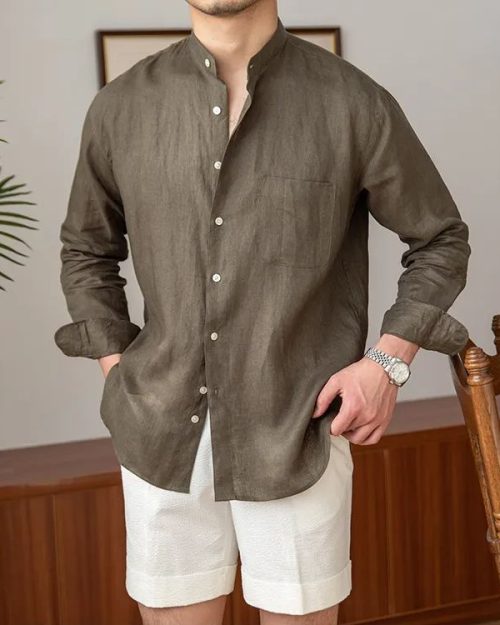 Casual Linen Long Sleeve Shirt Holiday Henley Collar Top